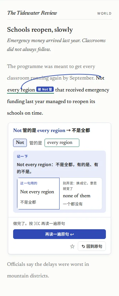 强调与省略：这一类一半是“管到哪”（强调哪一块、只、连），一半是“填坑”（并列里、句首省掉的）。下图是“管到哪”。